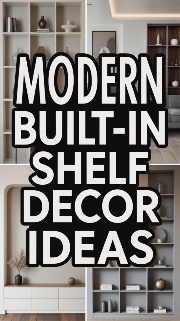 Text reads "Modern Built-in Shelf Decor Ideas" over images of stylishly decorated shelves with books, plants, and vases.