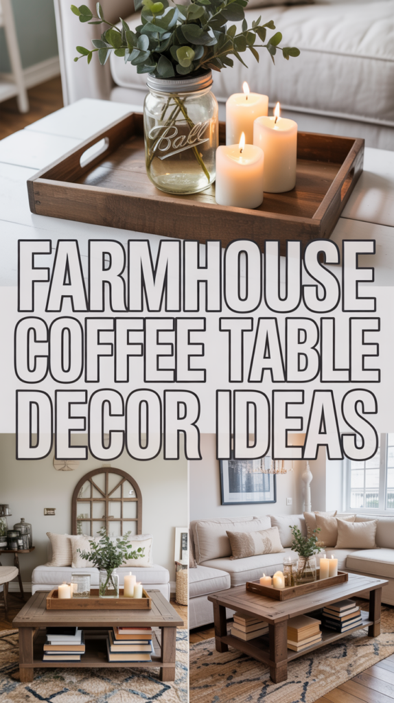 A cozy living room showcases a farmhouse coffee table with candles, a vase, and neatly arranged magazines.