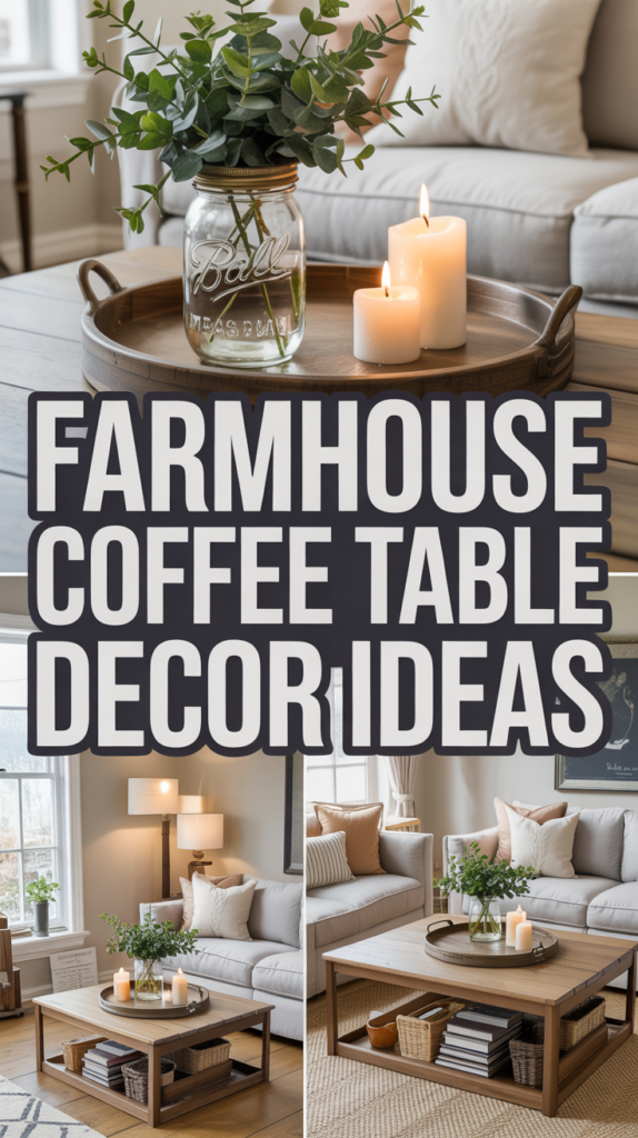 Collage of coffee tables with farmhouse decor, including candles, greenery, and books, with bold text stating "Farmhouse Coffee Table Decor Ideas."