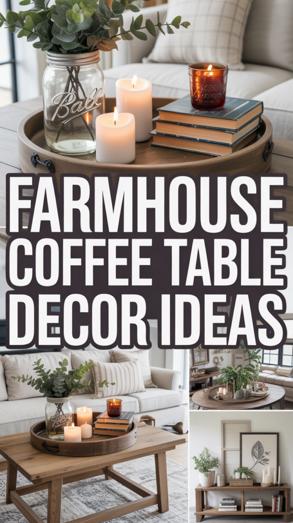A rustic coffee table with candles, a jar, and books, surrounded by inviting farmhouse-style decor.