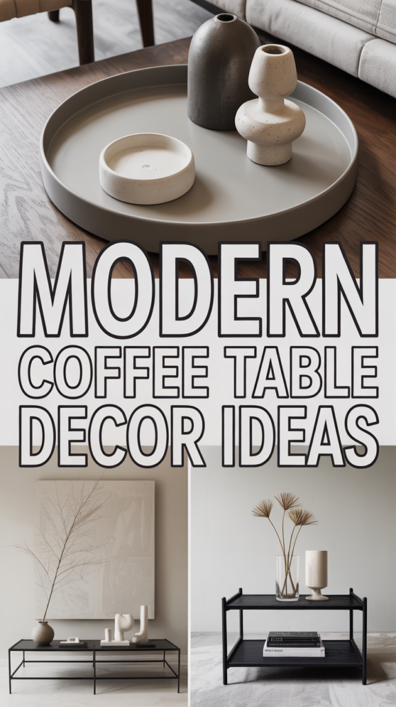 Collage showcasing modern coffee table decor ideas with minimalist ceramics on trays and sleek tables.