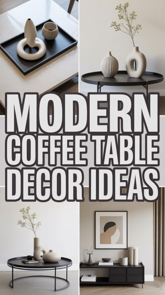 Collage showcasing modern coffee table decor with minimalist vases and stylish arrangements.