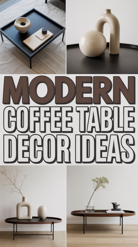 A collage showing modern coffee table decor with minimalist vases and sculptures on black and brown tables.