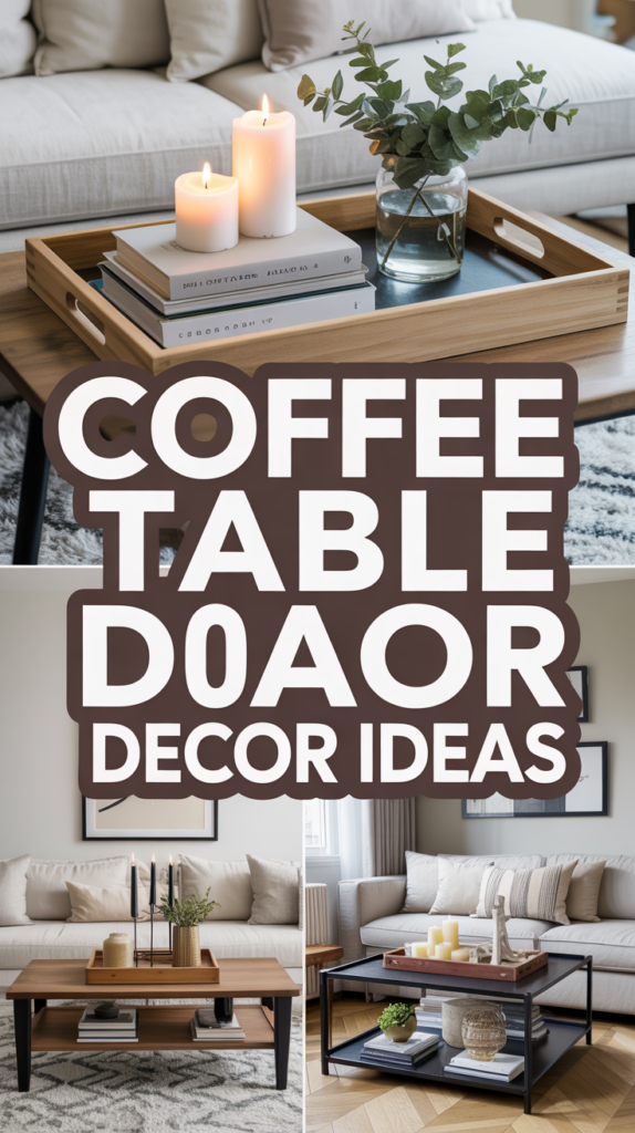 Collage showcasing various coffee table decor ideas, including candles, books, and plants on stylish tables.