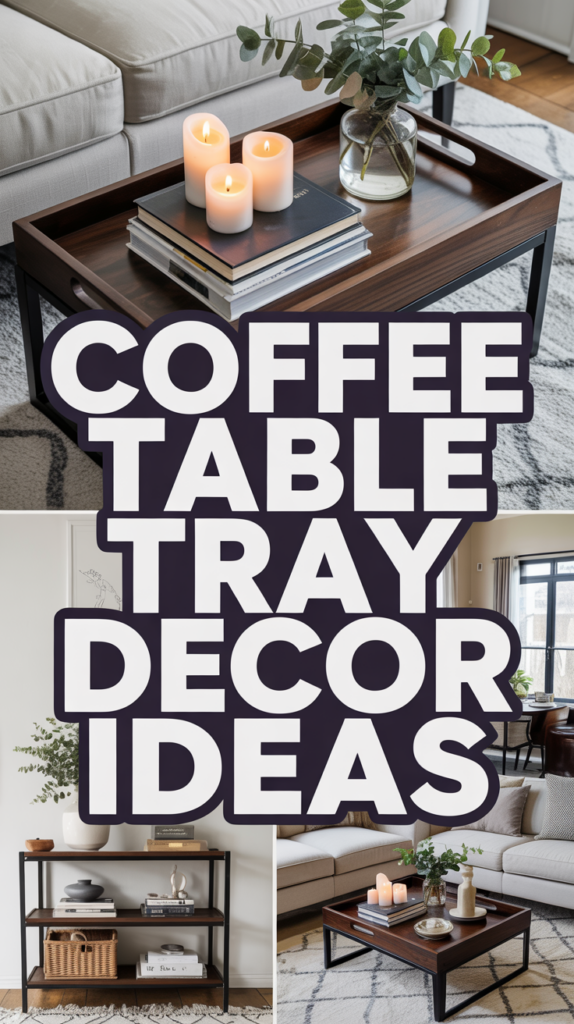 Collage of coffee tables with decor ideas, featuring candles, plants, and books on trays.