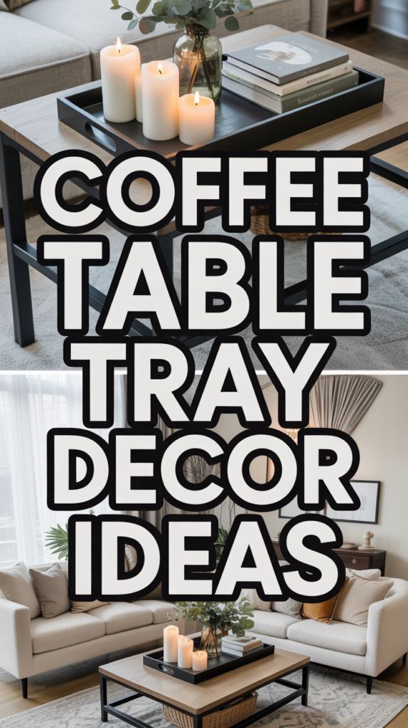 Styled coffee table with candles, books, and a vase in a cozy living room setting.