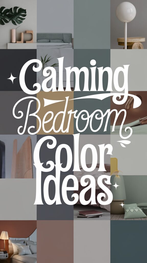 Collage of calming bedroom color ideas with a variety of muted tones and furniture settings.