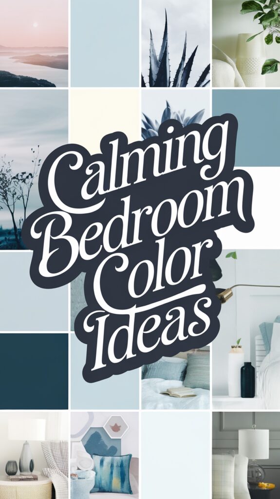 Collage of soothing bedroom color ideas with text "Calming Bedroom Color Ideas" and images of pastel and muted tones.