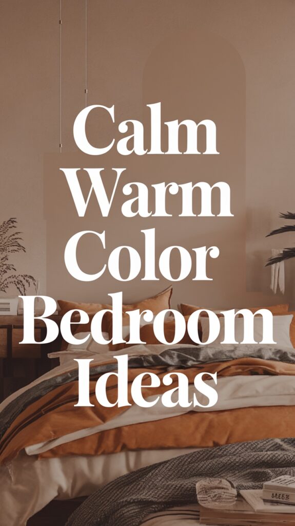 Text reading "Calm Warm Color Bedroom Ideas" over a cozy bedroom with neutral tones and layered bedding.