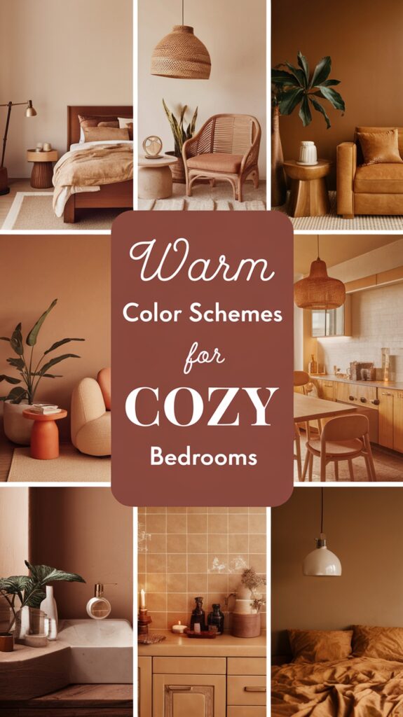 Collage of cozy bedrooms and living spaces with warm color schemes, highlighting natural textures and earthy tones.