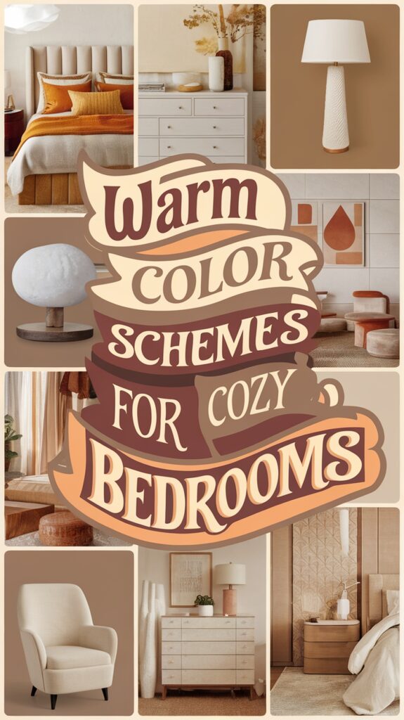 Collage of cozy bedrooms with warm color schemes featuring furniture and decor in beige, orange, and brown tones.