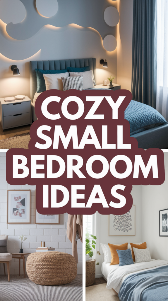 Collage showcasing cozy small bedroom ideas with stylish decor and comfortable bedding.