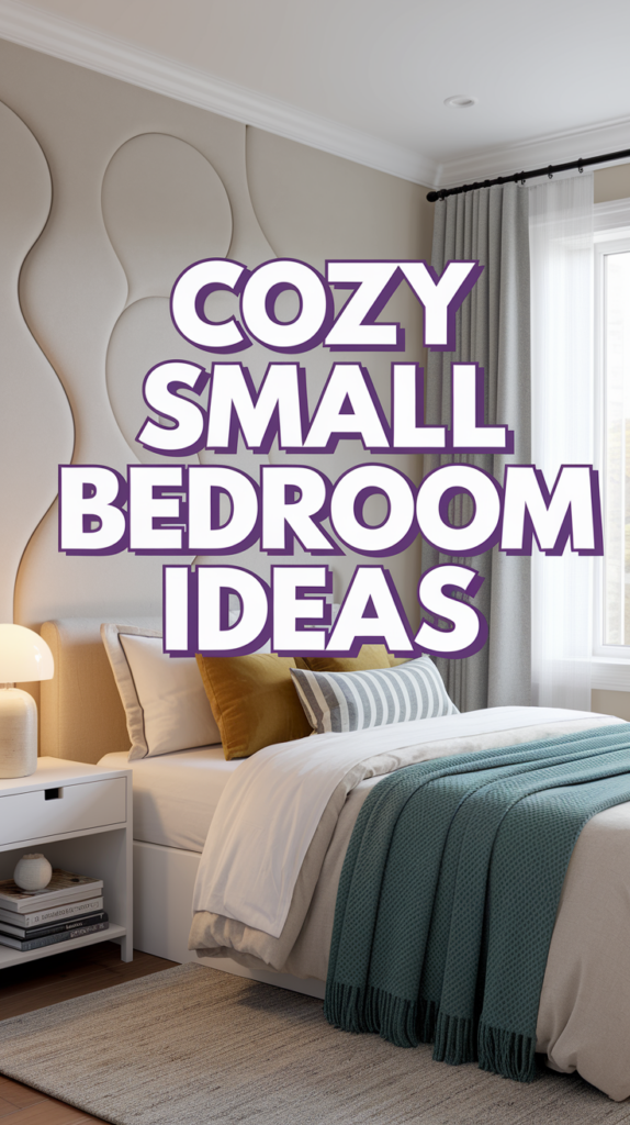 A small, cozy bedroom with a plush bed, pillows, and a blue blanket, beside a lamp-lit nightstand.