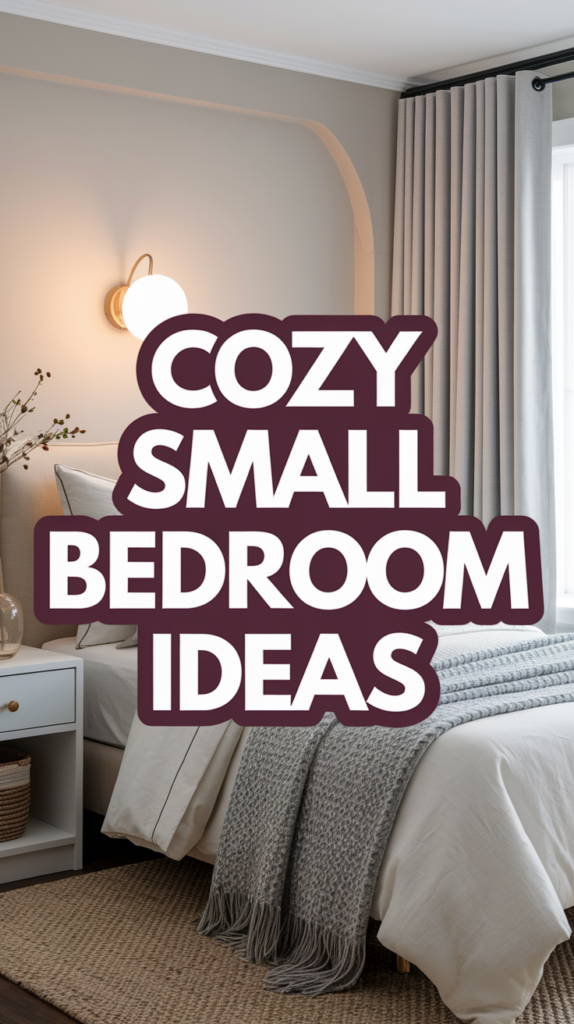 Text reading "Cozy Small Bedroom Ideas" over a bedroom with a bed, gray blanket, lamp, and curtains.