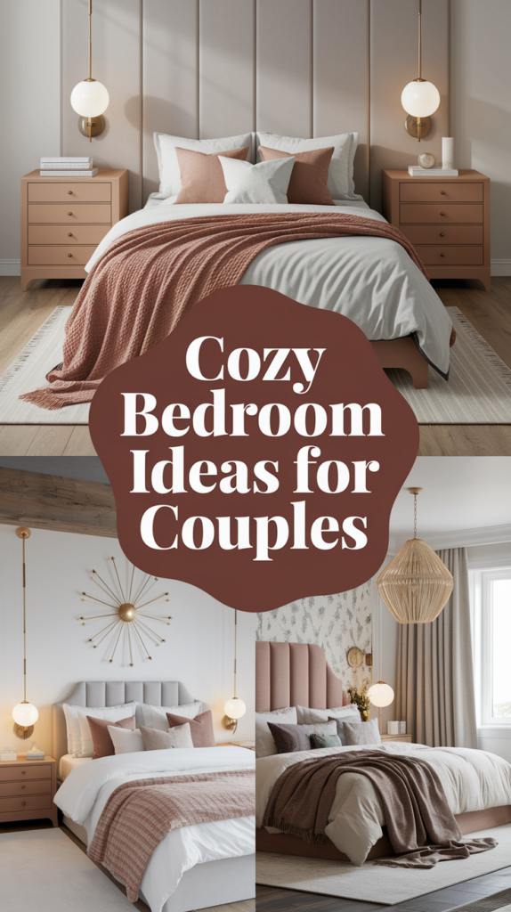 Collage of stylish bedroom designs for couples with warm tones, featuring modern furniture and soft lighting.