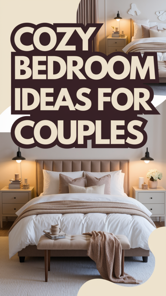 Text reading "Cozy Bedroom Ideas for Couples" over an image of a stylish bedroom with a bed, nightstands, and soft lighting.