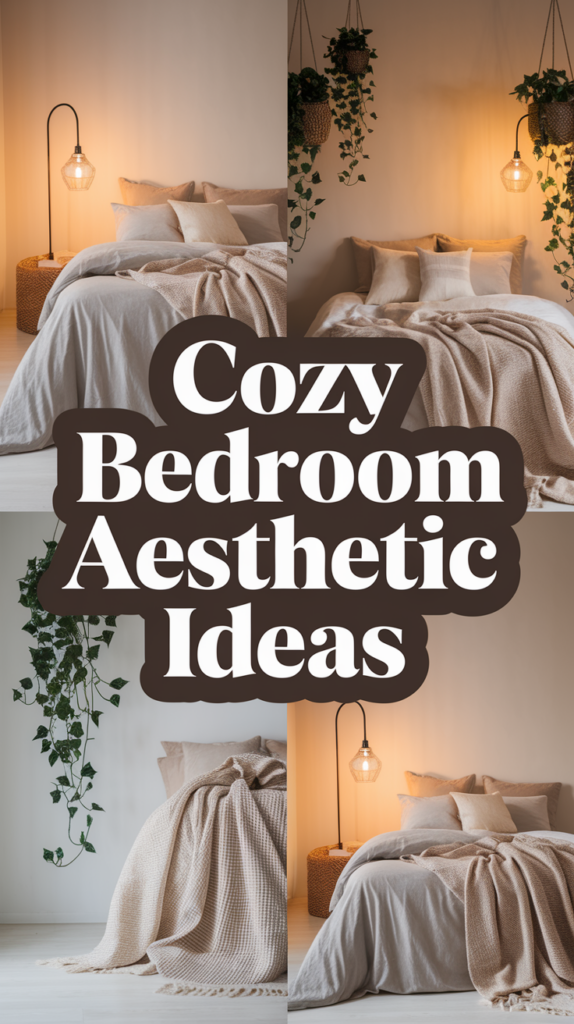A collage of cozy bedroom scenes featuring neutral-toned bedding, warm lighting, and hanging plants, with text: "Cozy Bedroom Aesthetic Ideas."