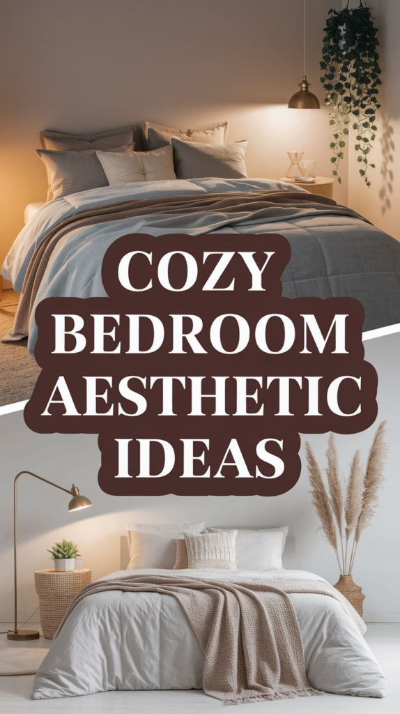 A split image of two cozy bedrooms: one with brown tones and hanging plants, the other in white with pampas grass. Text reads "Cozy Bedroom Aesthetic Ideas."