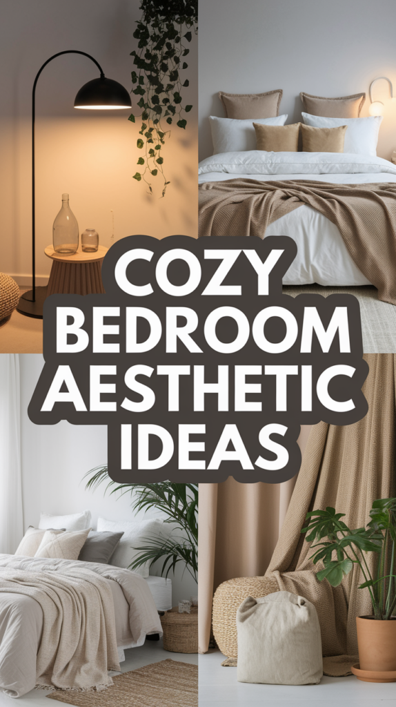 A collage of cozy bedrooms with warm lighting, soft blankets, and neutral decor, featuring the text "Cozy Bedroom Aesthetic Ideas."