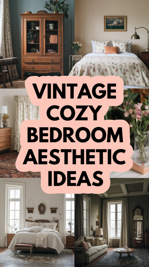 Collage of vintage bedroom decor featuring wooden furniture, floral bedding, and elegant curtains.