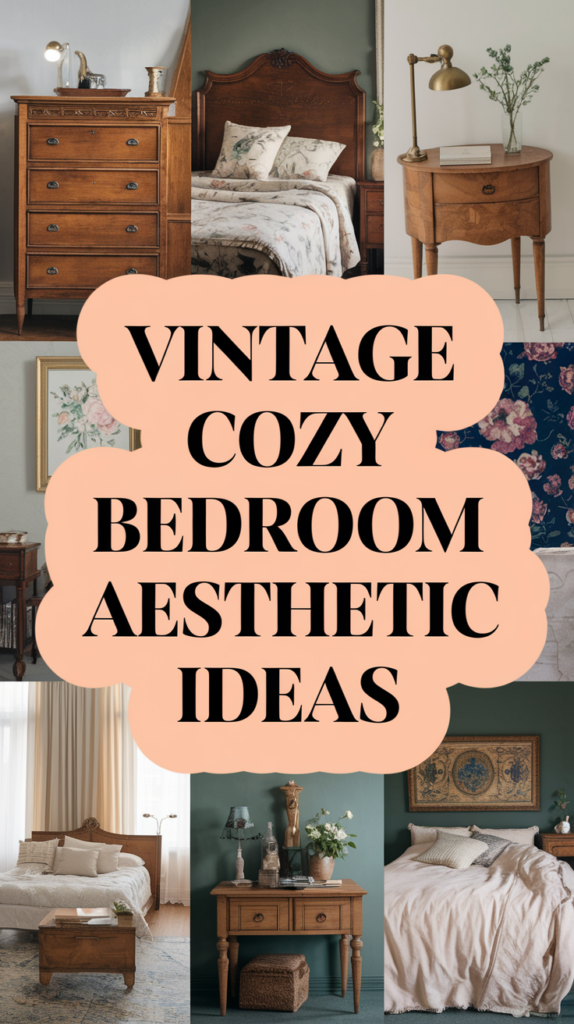 Collage of vintage bedroom furniture and decor with "Vintage Cozy Bedroom Aesthetic Ideas" text in the center.