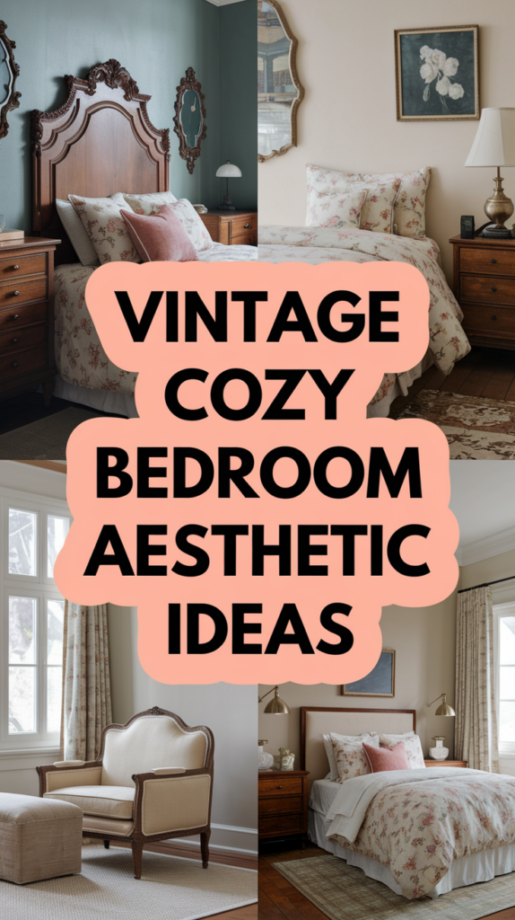 Collage of cozy bedrooms with vintage decor and floral bedding, featuring ornate wooden furniture and elegant design.