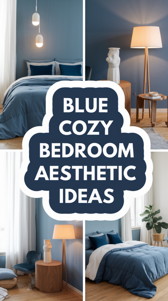 Bedroom decorated in blue tones with a cozy aesthetic, featuring a plush bed, soft lighting, and modern wooden furniture.