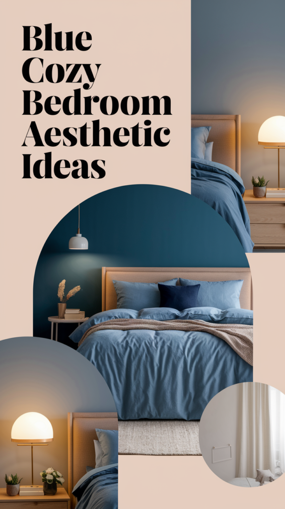 Bedroom with blue walls and bedding, wood furniture, ambient lighting, and decorative plants. Text reads: "Blue Cozy Bedroom Aesthetic Ideas."
