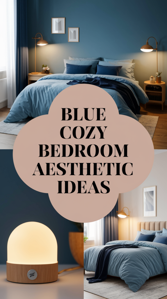 Collage of blue-themed bedroom decor with a bed, a glowing lamp, and text reading "Blue Cozy Bedroom Aesthetic Ideas".