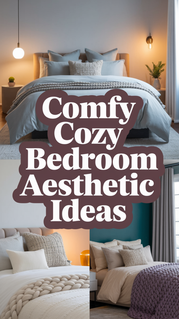 A warm and inviting bedroom with plush bedding and soft lighting, featuring the text "Comfy Cozy Bedroom Aesthetic Ideas."