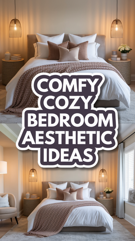 A cozy bedroom with soft lighting, a plush bed with brown and white bedding, and decorative pillows, featuring the text "Comfy Cozy Bedroom Aesthetic Ideas."