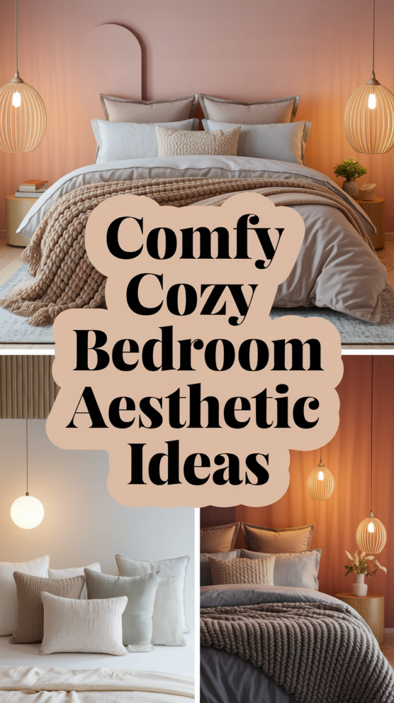 Bedroom with soft lighting, textured bedding, and pillows, featuring text: "Comfy Cozy Bedroom Aesthetic Ideas."