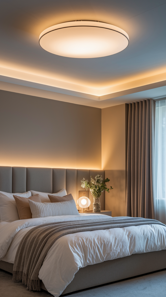 Modern bedroom with a cozy bed, soft lighting, and a vase of flowers on the nightstand.