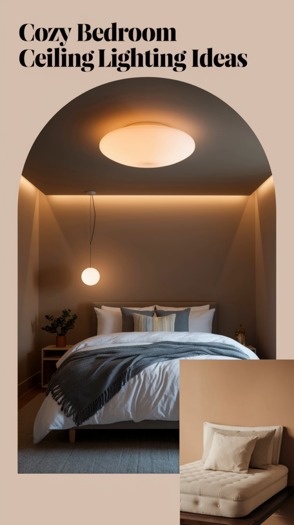 Bedroom with warm lighting features a bed with white linens and a navy throw, alongside a round ceiling light and a wall lamp.