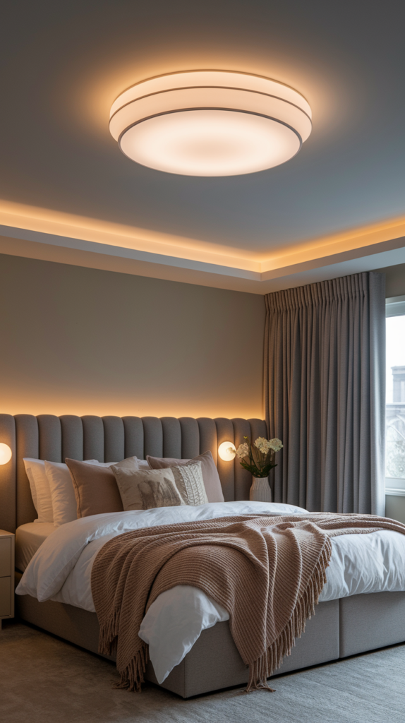 Modern bedroom with a plush bed, soft lighting, beige curtains, and elegant ceiling light fixture.