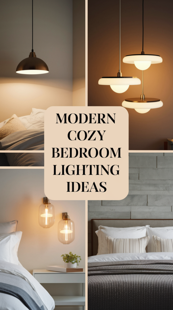 Collage of modern bedroom lighting, including pendant and wall lights, with the text "Modern Cozy Bedroom Lighting Ideas."