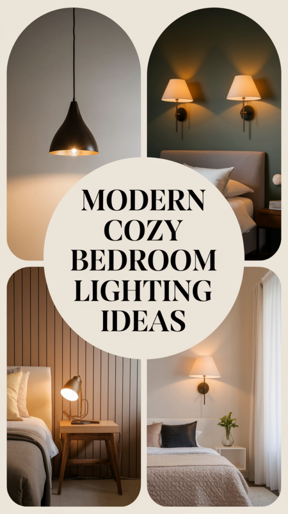 Collage of bedrooms featuring various modern lighting fixtures with the text "Modern Cozy Bedroom Lighting Ideas."