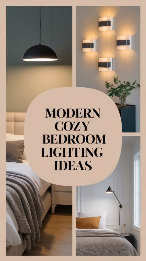 Collage of modern bedroom lighting ideas featuring pendant, wall, and table lamps with a cozy decor style.