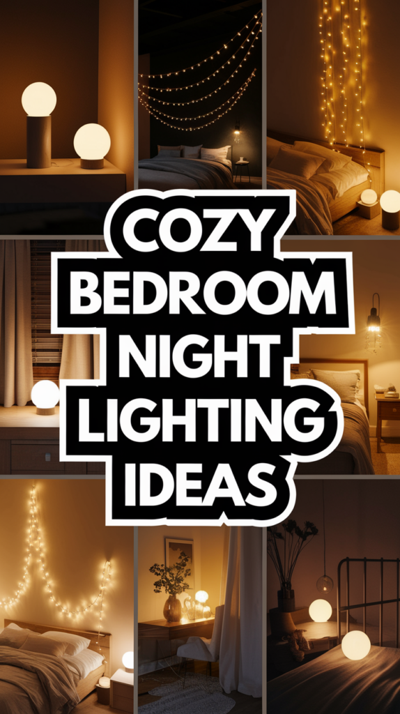 Collage of cozy bedrooms with warm, ambient lighting and decorative string lights, featuring glowing lamps and soft bedding.