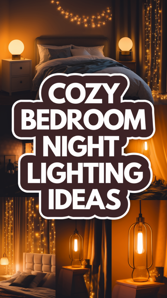A collage showing a cozy bedroom with warm fairy lights, a bed, and an ornamental lamp, captioned "Cozy Bedroom Night Lighting Ideas."