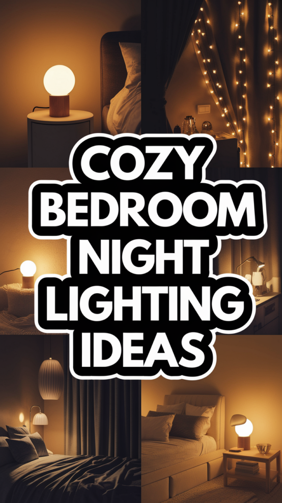 Collage displaying various cozy bedroom lighting setups, all featuring warm, ambient light.