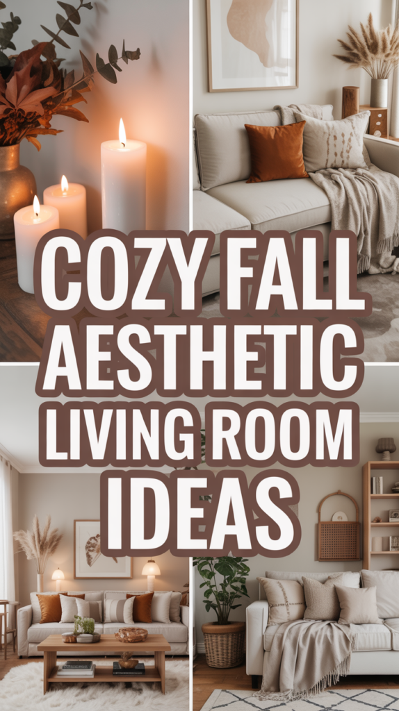 Collage of cozy fall living room ideas with candles, neutral sofas, and warm-toned decor.