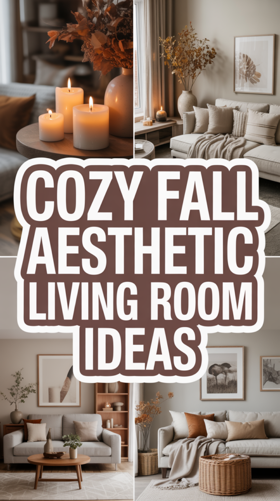 Collage of cozy fall-themed living rooms with candles, neutral tones, and autumn decor.