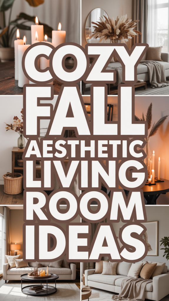 A collage of fall-themed living room decor with candles, neutral tones, and text reading "Cozy Fall Aesthetic Living Room Ideas."