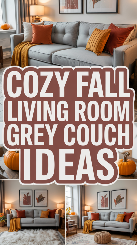 A cozy living room with a gray couch, autumnal decor, and framed leaf artwork on the wall.