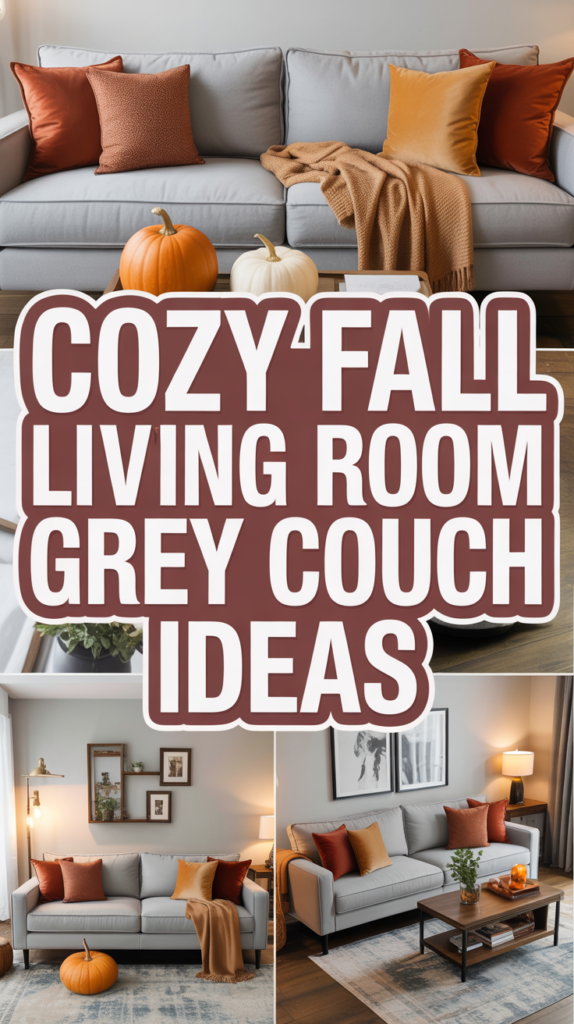 A cozy living room with a grey couch, autumn-themed pillows, pumpkins, and a warm-colored throw blanket.