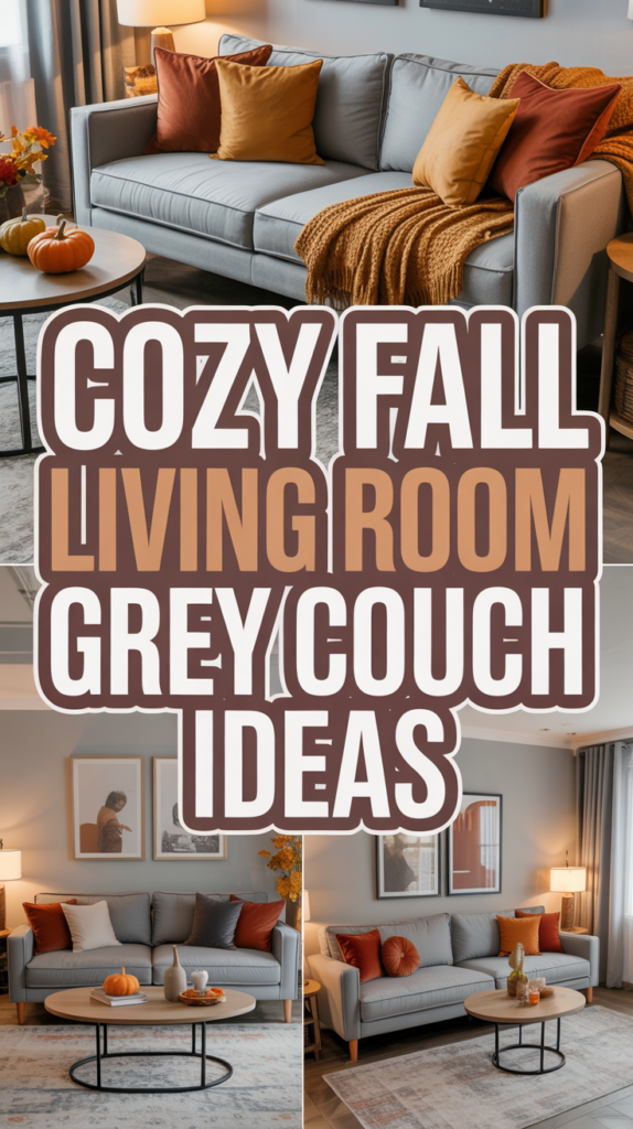 Living room with a grey couch, orange and brown pillows, a throw blanket, and fall decorations like pumpkins.