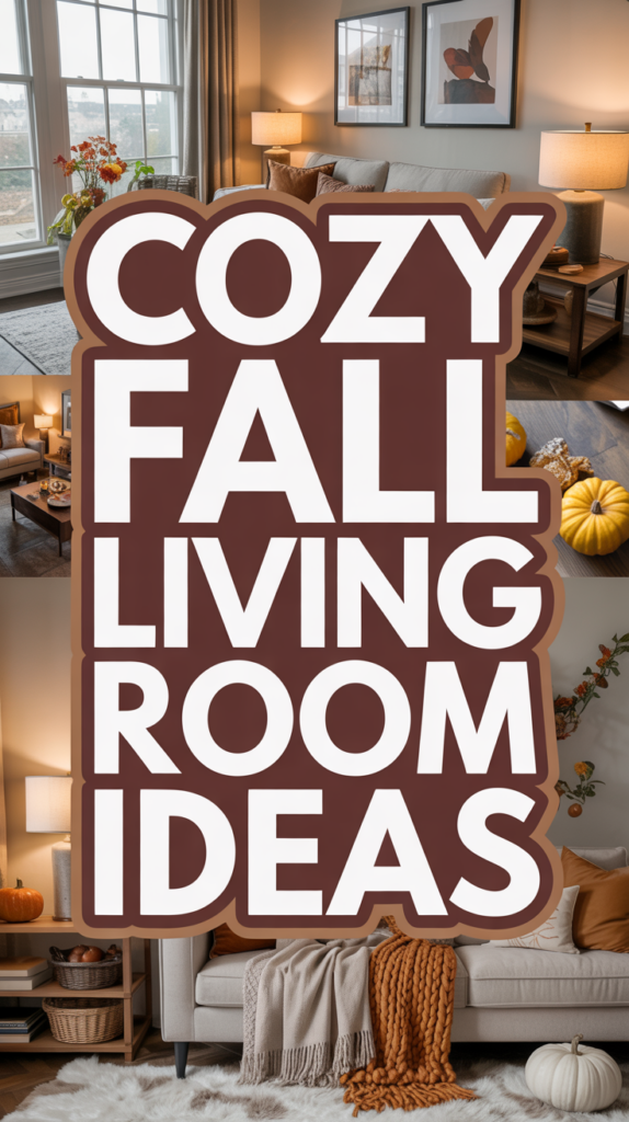 A living room decorated with pumpkins, cozy blankets, and warm lighting, with text reading "Cozy Fall Living Room Ideas."