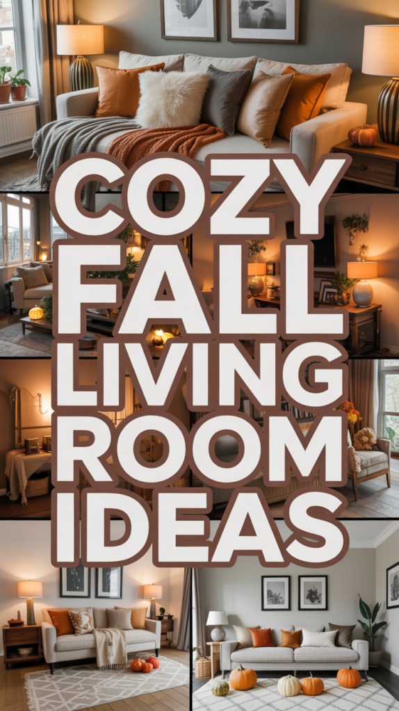 Collage of cozy living room decor with fall accents like pumpkins, warm throws, and soft lighting. Text reads "Cozy Fall Living Room Ideas."