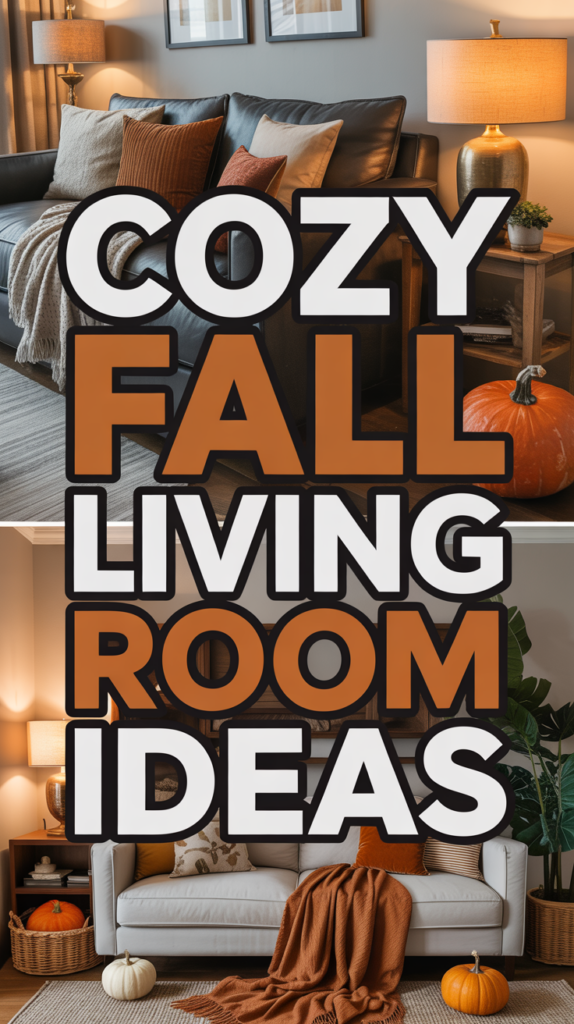 A welcoming living room with warm lighting, autumn decor, and text overlay reading "Cozy Fall Living Room Ideas."